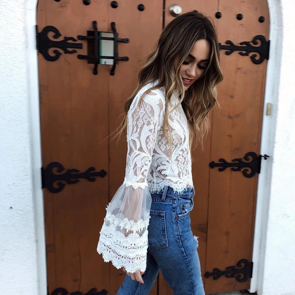 White Ivory Bell Sleeve Lace Blouse - Picture 3 of 6